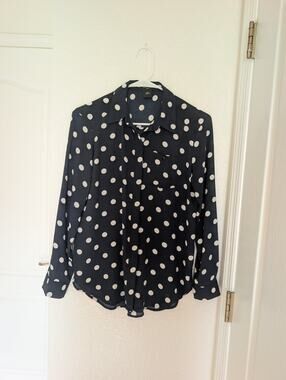 Ann Taylor Polka Dot Button Front Blouse Navy White XSP Workwear Office Preppy